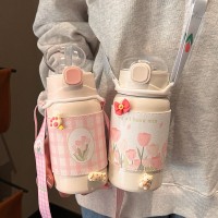 網紅郁金香保溫杯女士高顏值可愛吸管杯2022新不銹鋼郁金香保溫杯
