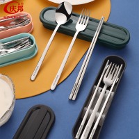 316L不銹鋼筷子 勺叉全鋼三件套創意學生一人食盒裝 便攜餐具套裝