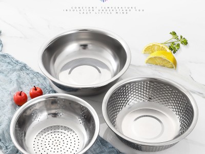 不銹鋼米篩三件套洗米篩和面盆果蔬盆廚房洗水果洗菜盆禮品套裝