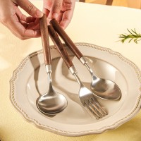 不銹鋼304胡桃木柄勺叉 勺子吃飯勺餐廳西餐具啞光亮光圓勺禮品