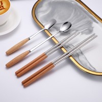 日式木柄不銹鋼餐具實木柄筷子餐刀叉子勺子禮品餐具批發激光刻字