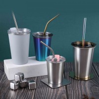 山趣戶外野餐露營隨手杯304水杯不銹鋼單層卷邊品脫杯便攜吸管杯