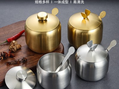 韓式304不銹鋼調味瓶罐廚房辣椒醬油罐鹽罐帶勺調料盒創意金色罐