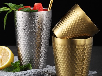 304不銹鋼錘紋水杯大容量啤酒杯子加厚雙層餐廳茶杯咖啡杯果汁杯