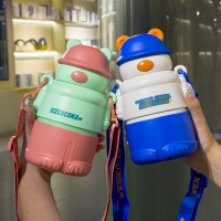 新款316網紅高顏值便攜卡通防摔背帶兒童學生真空吸管水杯保溫杯