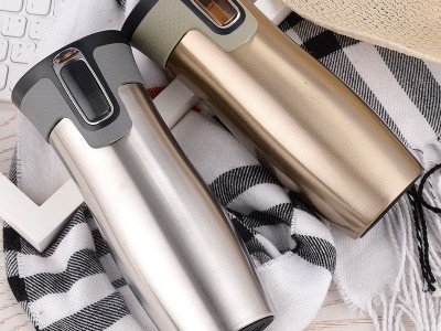 定制一鍵飲水雙層不銹鋼咖啡杯創意禮品真空保溫杯車載高檔汽車杯