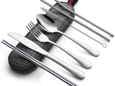 亞馬遜鍍鈦不銹鋼便攜餐具304不銹鋼吸管 刀叉勺筷子組合套裝鍍鈦