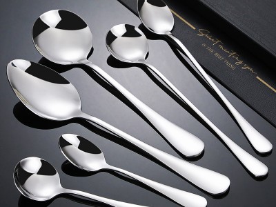 1010不銹鋼勺子家用加厚吃飯圓勺甜品調羹鏡面亮光西餐具尖勺批發