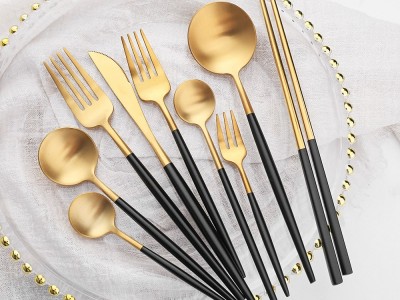 L黑金葡萄牙西餐刀叉勺 復(fù)古小酒館餐具 北歐風(fēng)餐具不銹鋼勺叉筷